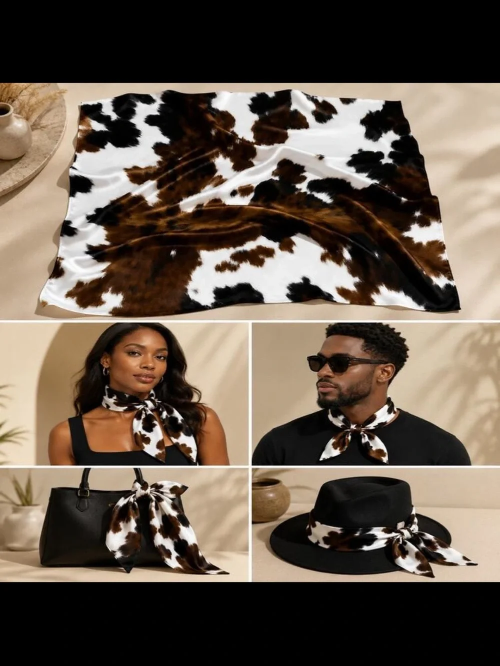 Cow Print Satin Scarf - Brown & White Fashion Accessory